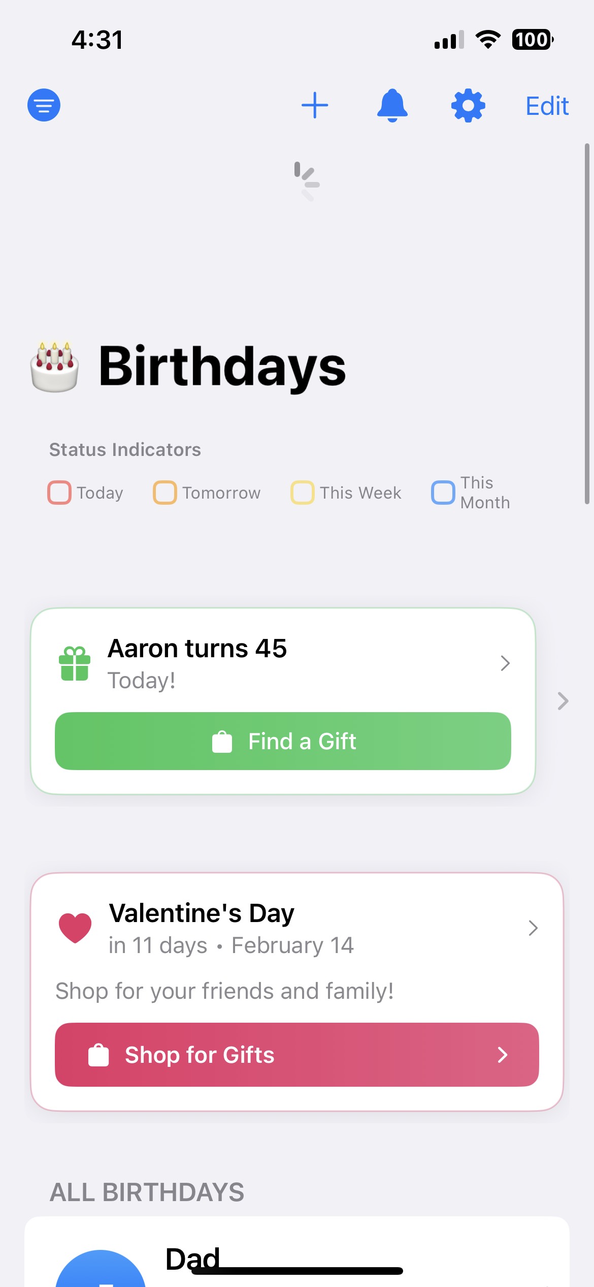MyWishly app showing birthday reminders and gift shopping